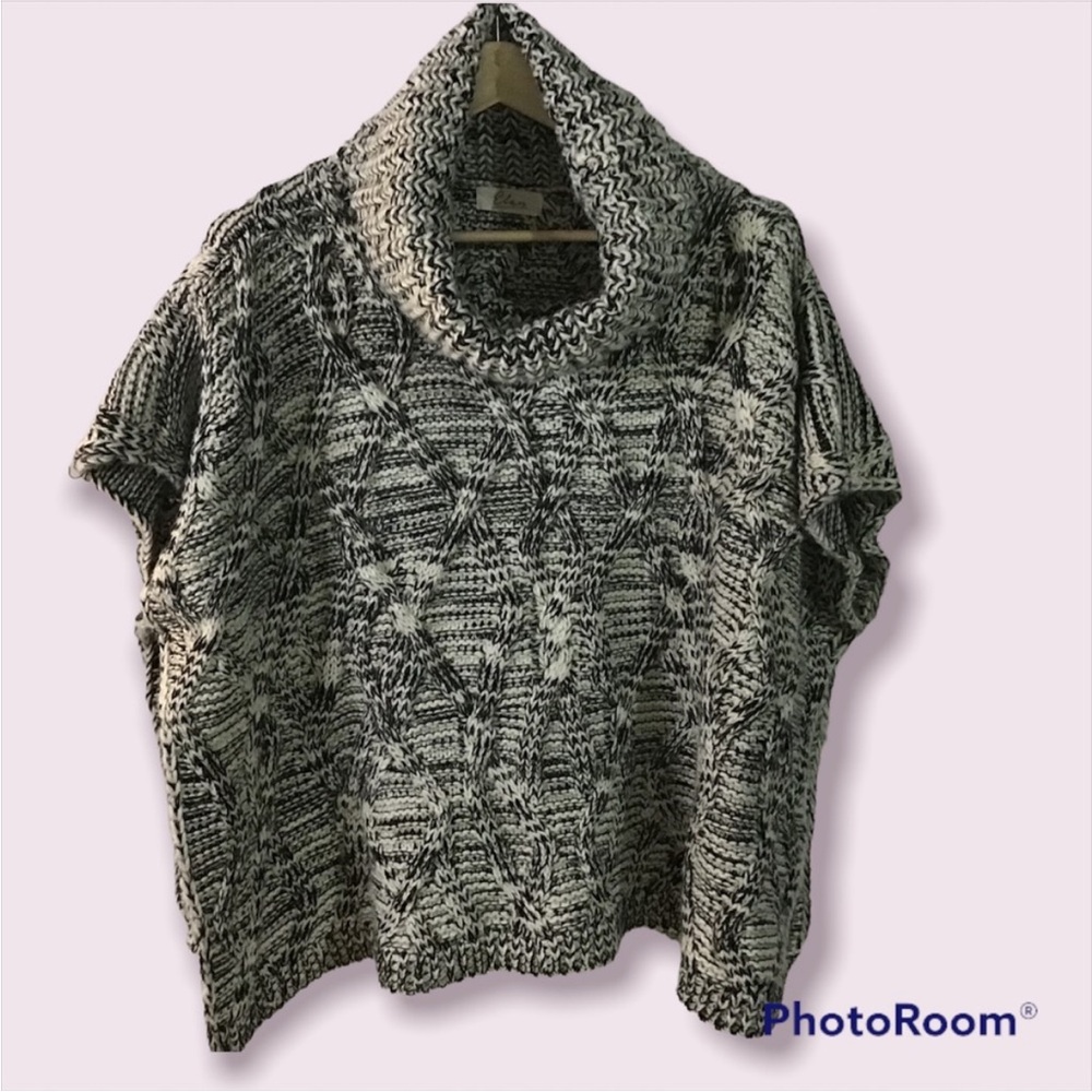 Elan Knit Cowl Neck open side Sweater (poncho)- Black and off white